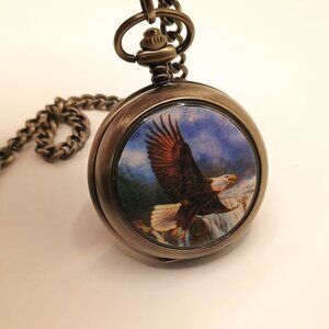 Bald Eagle Pocket Watch Battery Powered With Chain, Fresh Battery Installed